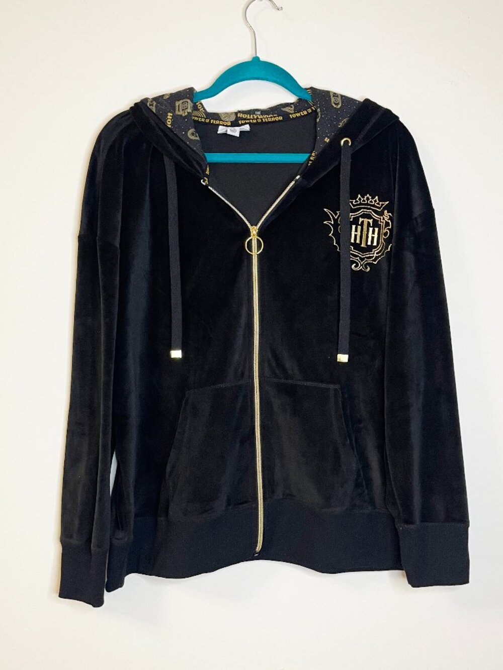 Disney Tower of Terror Zip Hoodie Black Velour Gold HTT 1X Y2K Gothic Theme Park